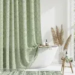 Dynamene Sage Green Fabric Shower Curtain Boho Tufted Geometric Striped Tassel Shower Curtain for Bathroom Shabby Chic Modern