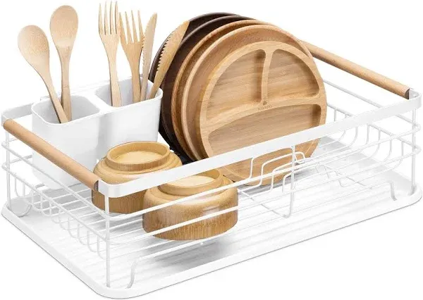 Navaris Dish Drainer Rack - Plate, Silverware, Pots and Pans - Dish Rack with Beechwood Handles - Metal Dish Drying Rack for Kitchen Counter - Modern Retro Design Dish Rack - White