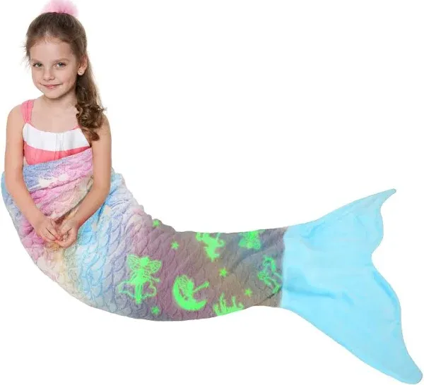 Catalonia Kids Mermaid Tail Blanket, Super Soft Plush Flannel Sleeping Snuggle Blanket for Girls, Rainbow Ombre, Birthday Gift for Daughter