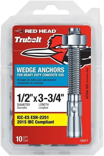 (10-Pk) Red Head Hex-Nut-Head Wedge Anchors Zinc-Plated Steel 1/2&#034; x 3-3/4&#034;