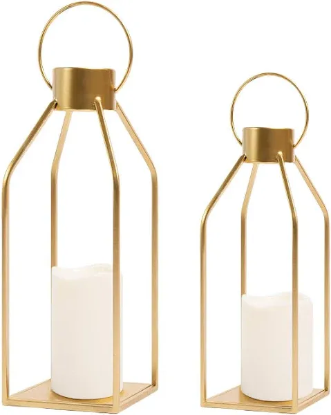 HPC Decor Modern Farmhouse Lantern Decor- Gold Metal Candle Lanterns for Christmas- Lanterns Decorative w/Timer Flickering Candles for Living Room, Home, Indoor, Outdoor, Table,Fireplace Mantle Decor