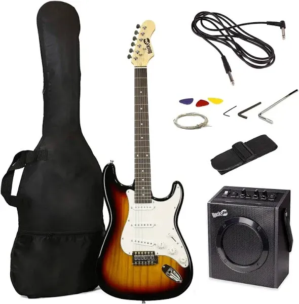 RockJam Electric Guitar Superkit with 10-watt Amp, Gig Bag, Picks & Online Lessons 6 String Pack, Right, Black, Full (RJEG03-SK-BK)