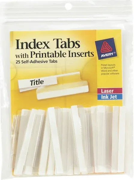 Avery Insertable Self-Adhesive Tabs with Printable Inserts, 2", Permanent Adhesive, Clear, Pack of 25 Index Tabs (16241)