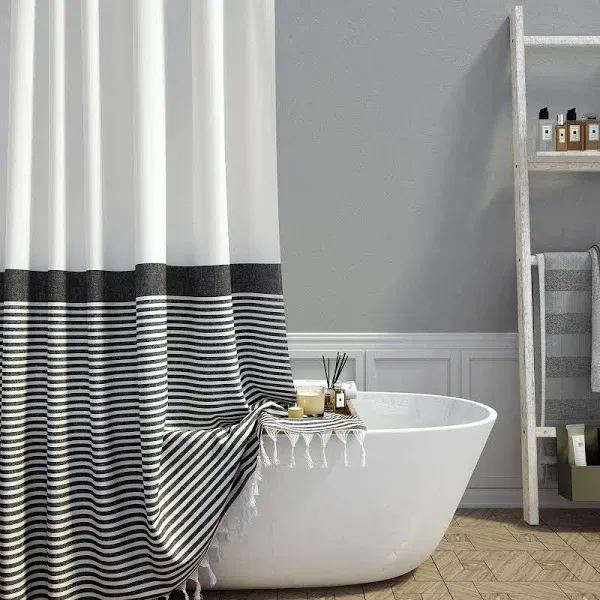 Modern Farmhouse Fabric Shower Curtain Boho Black and White Striped Cloth Bat...