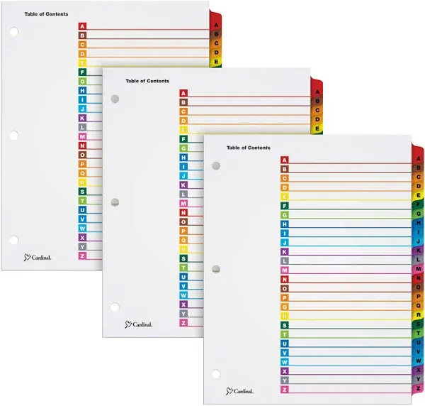 Cardinal A-Z Tab Dividers for 3 Ring Binders, Customizable Table of Contents Page with Multicolor A-Z Tabs, 3 Sets (63218)