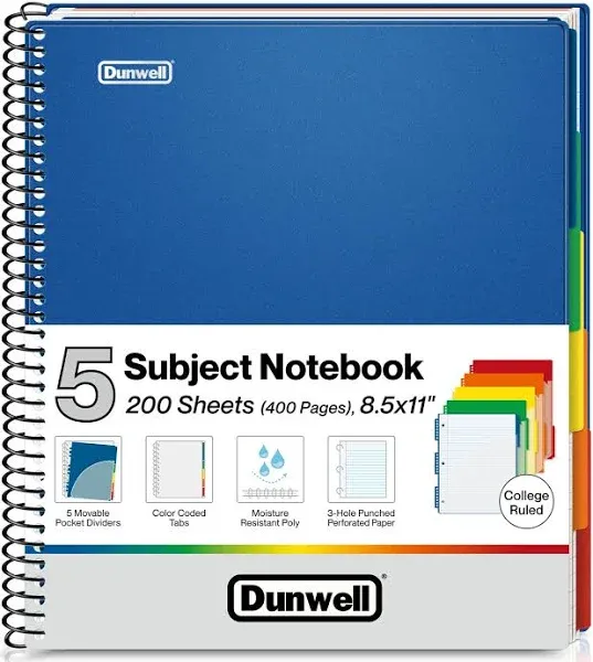 Dunwell 5-Subject Notebook College Ruled 8.5 x 11