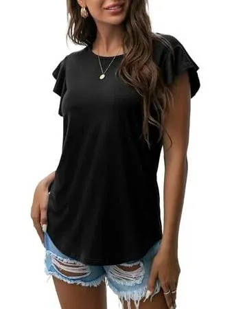 Jwd Women's Ruffle Short Sleeve Knit Tunic Tank Tee Blouse