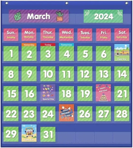 Classroom Monthly Calendar Pocket Chart with 71 Cards for Kids Learning for H...