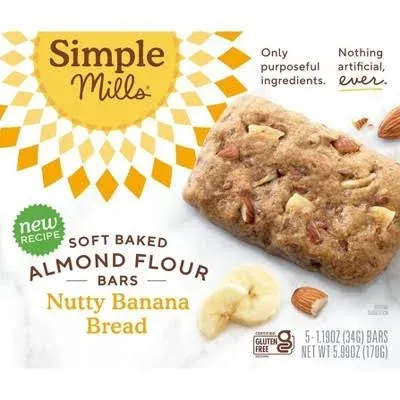 Simple Mills Almond Flour Bars, Nutty Banana Bread, Soft Baked - 5 pack, 1.19 oz bars