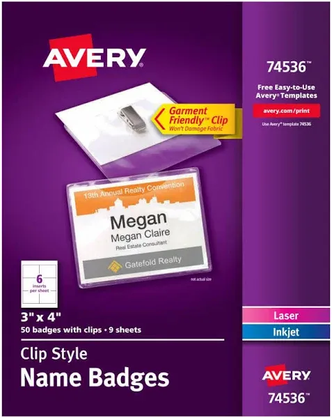 Avery - Clip-Style Name Badge Holder with Laser/Inkjet Insert, Top Load, 4 x 3, White, 100/Box