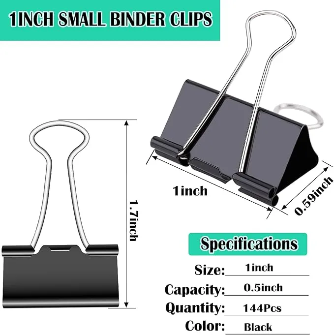 144 Pcs Binder Clips, 1-Inch Medium Paper Clamps for Document Clamp, File, Wide Metallic, Office School and Home Supplies（Black）