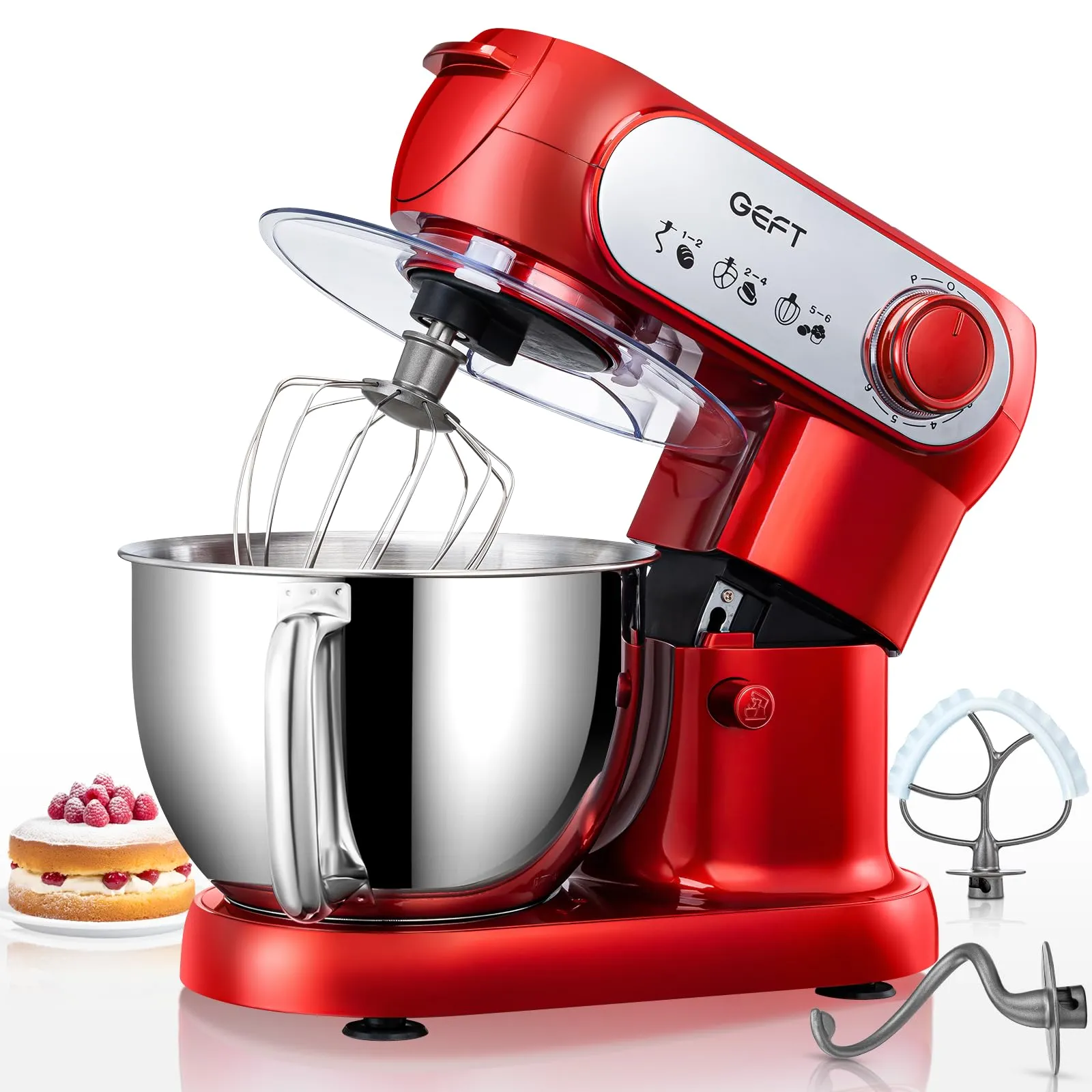 Stand Mixer, 6 QT 600W Tilt-Head Dough Mixer, 6+P speed Mixers Kitchen Electric Stand Mixer with Stainless Steel Bowl, Dishwasher-Safe Dough Hook, Flat Beater, Wire Whisk, Splash Guard, Red