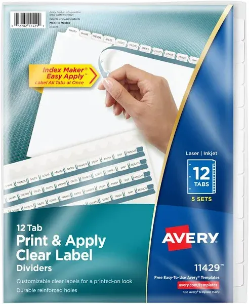 Avery Print and Apply Index Maker Clear Label Dividers, 12 White Tabs, Letter, 5 Sets