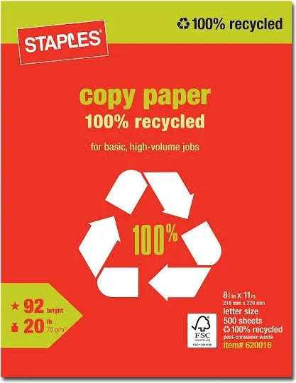 Staples 100% Recycled Copy Fax Laser Inkjet Printer Paper, Bright White, 500 Sheets