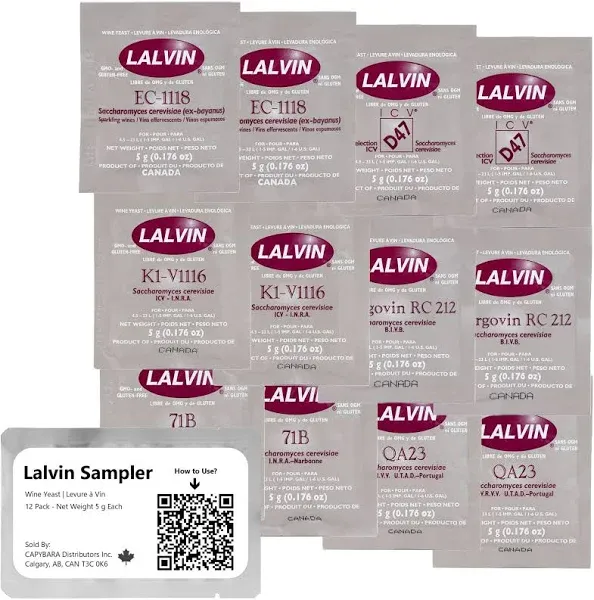 Lalvin Sampler Wine Yeast (12 Pack) - Make Wine Cider Mead Kombucha At Home - 5 g Sachets - Saccharomyces cerevisiae - Sold by CAPYBARA Distributors Inc.