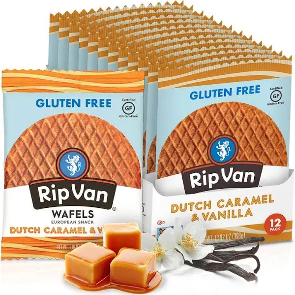 Rip Van Wafels Gluten-Free Dutch Caramel & Vanilla Stroopwafels, Healthy Snacks, Non-GMO, Low Sugar (6g), Low Calorie, 12 Count