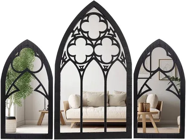 BULICADO Gothic Mirrors Wall Decor - 3 Piece Set 15.8 inch Gothic Furniture Cathedral Mirrors - Halloween Decor for Bathroom and Kitchen - Goth