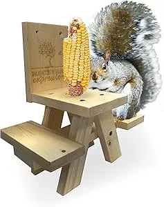 YOUEON Wooden Squirrel Feeder with Corn Holder, Squirrel Picnic Table Feeder with Bench and Plank Squirrel Feeder Table Stable Squirrel Feeders for Outside, Garden, Yard, Holding Nuts, Fruits, Berries