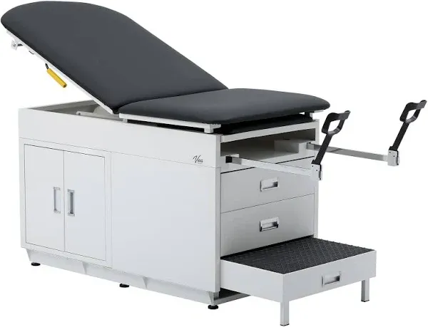 Grande Exam Table w/ Steel Cabinet, Adjustable Back, Step Stool & Stirrups [Standard. Black Antimicrobial Upholstery]