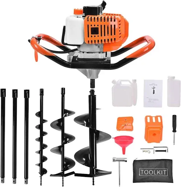 62cc Post Hole Digger 2 Stroke Post Hole Auger Gas Powered Earth Auger with 3 Replacement Drill Bits(5", 6", 8") and 3 Extension Rod for Farm Garden Plant