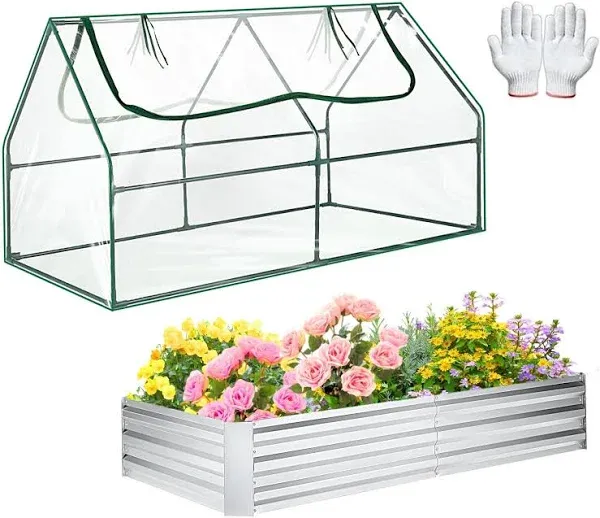 Homdox 6 * 3 * 3FT Greenhouse with 2 Zippered Screen Windows, Outdoor Garden Yard Greenhouse Tent with 6 * 3 * 1FT/120 Gallon Galvanized Raised Garden Bed for Vegetable Flower Fruit, Clear