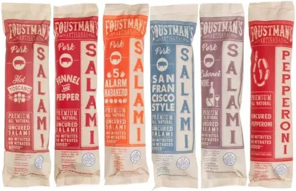 Foustman's Salami Pork Free Mix - Pack of 6 - Nitrate-Free, Naturally Cured, Gluten-Free, Dairy-Free, Flavors - San Francisco Style, Turkey Habanero, Spicy Beef, Lamb Garlic and Rosemary Lamb