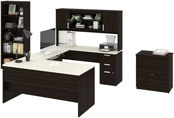 Bestar Ridgeley U-Shaped Desk with Lateral File and Bookcase, Dark Chocolate & White Chocolate