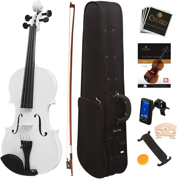 Mendini By Cecilio Violin For Kids &amp; Adults w/Case, Bow, Tuner - 4/4 MV White-