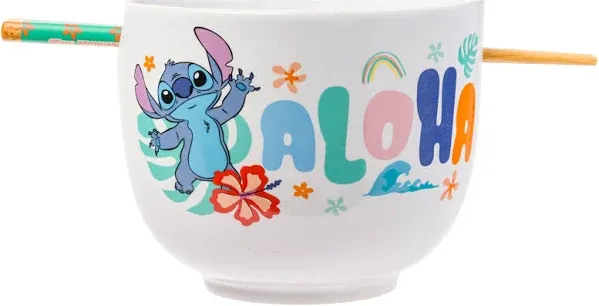 Silver Buffalo Disney Lilo and Stitch Aloha Tropical Ceramic Ramen Noodle Rice Bowl with Chopsticks