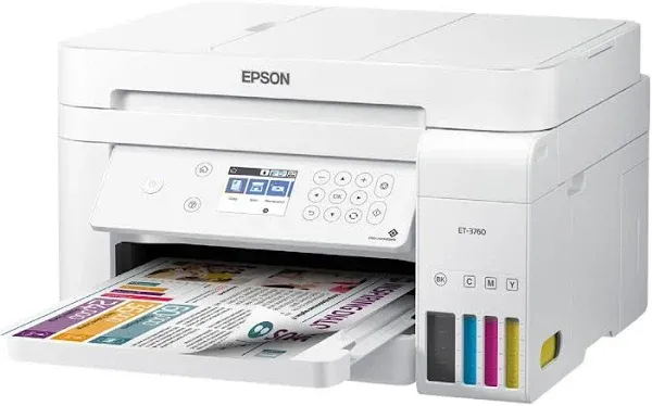 Epson EcoTank ET-3760 Wireless Color All-in-One Cartridge-Free Supertank Printer with Scanner, Copier, ADF and Ethernet. Full 1-Year Limited Warranty (Renewed Premium),White