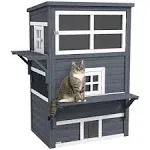 PawHut 3-Story Cat House with Raised Floor, Escape Doors, Dark Gray, Size: 36.75 x 26.5 x 46