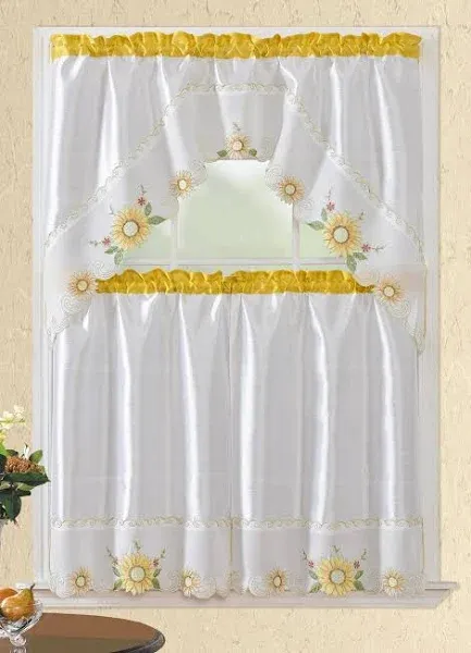 3 Piece Embroidered Window Curtain Set, Valance and Tiers, with Embroidery (W...