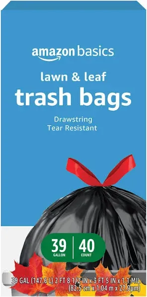 Lawn &amp; Leaf Drawstring Trash Bags, Unscented, 39 Gallon, 40 Count, Pack of 1