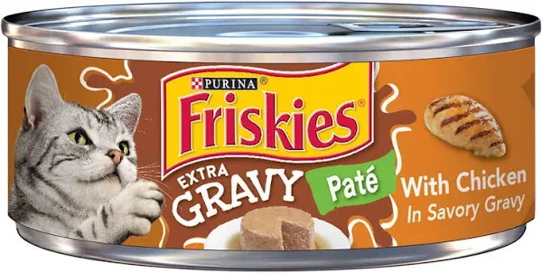 Purina (24 Pack) Friskies Gravy Pate Wet Cat Food, Extra Gravy Pate with Chicken in Savory Gravy, 5.5 oz. Cans