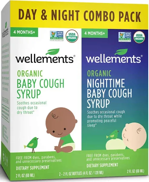 Wellements Organic Baby Cough Syrup Day & Night Value Combo Pack | Daytime & Nighttime Baby Cough Relief, Calms Dry Throats * USDA Organic | (2) 2 Fl Oz. Bottles, 4 Months+