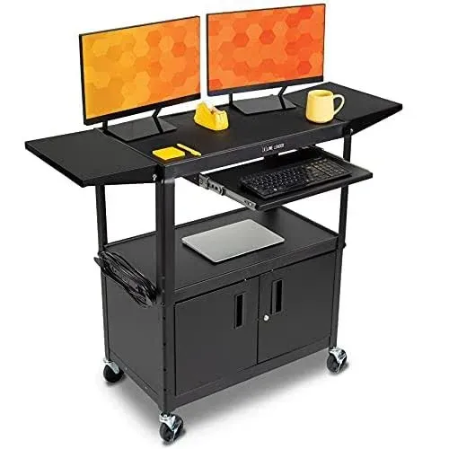 Line Leader Rolling AV Cart with Locking Cabinet, Laptop Stand, and Drop Leaves, Height Adjustable Mobile Utility Cart Workstation with Extra Storage Space, UL-Listed Power Strip (Black / 46 x 18)