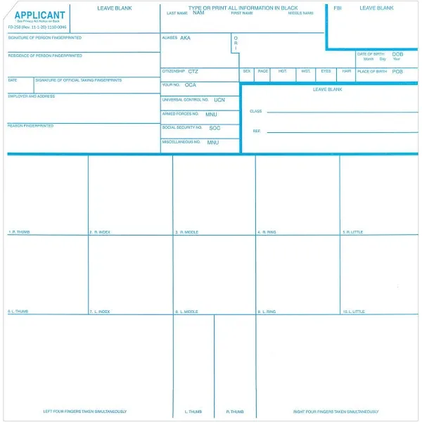 FD-258 Fingerprint Cards for Noncriminal Applicants, 5 cards, Model:FD-258, Office Accessories & Supply Shop