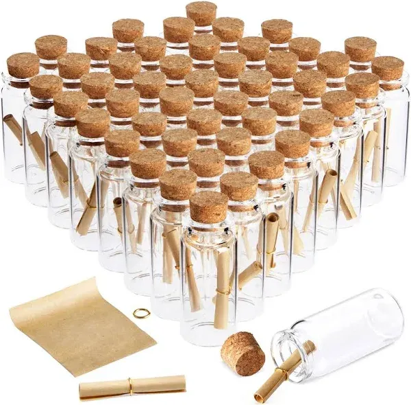 48 Pack 10ml Create A Message In A Bottle Kit, Bulk Small Glass Cork Bottles with Mini Scrolls for Time Capsules, Wedding Favors