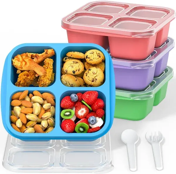 Bento Boxes - Lunch Box for Adults Kids 600ML 4-Compartment Lunch Container with Fork, Food Storage Containers for School, Dishwasher Micro-Wave Safe, 4 Pack (Bright color)