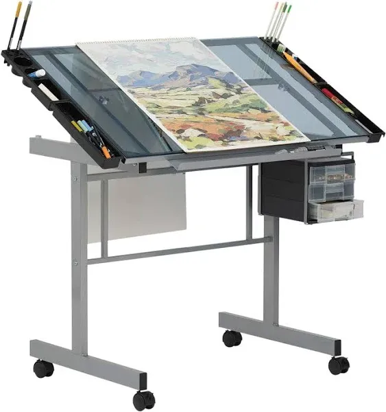 Studio Designs Vision Craft and Drawing Station - 35.5" W by 23.75" D Silver-Blue Glass Top Drafting Table with Pencil Drawers, Side Trays, & Built-In Pencil Ledge - Angle Adjustable Work Surface