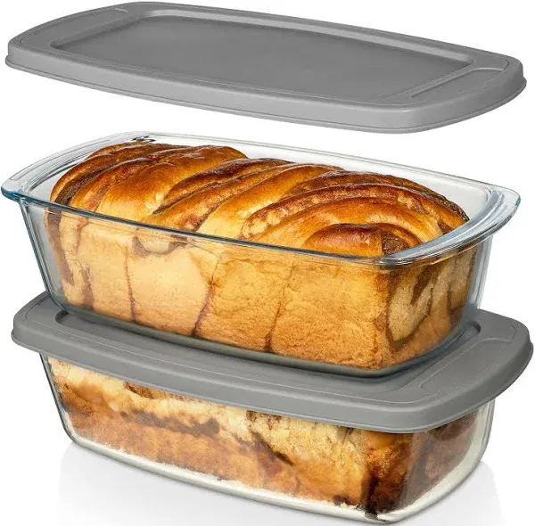 BPA Free Glass Loaf Pan with Lids - Set of 2 - Airtight - Microwave &amp; Oven Safe