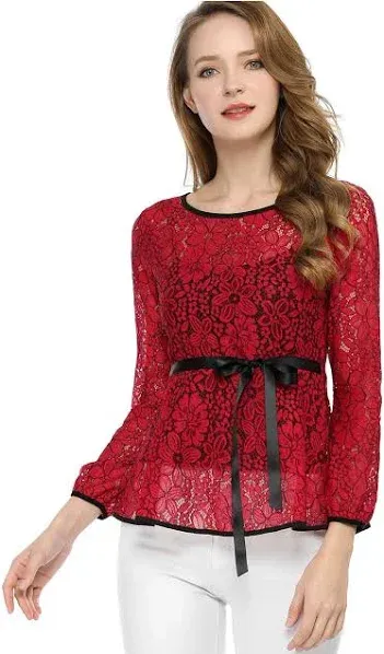 Allegra K Women's Elegant Tie Waist Long Sleeve Top Lace Peplum Blouses