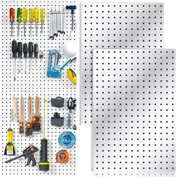 2 Pcs Pegboard, Metal Pegboard Wall Panels - Pegboard Wall Organizer System - Peg Boards for Walls, Small Peg Board Tool Storage, White Pegboard for Garage, Craft Room, Workbench, Kitchen, Office