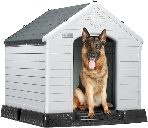 LEMBERI Durable Waterproof Plastic Dog House for Small to Large Sized Dogs, Indoor Outdoor Doghouse Puppy Shelter with Elevated Floor, Easy to Assemble (Gray, 42''L*38''W*39''H)