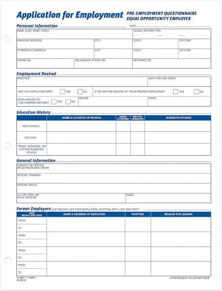 Tops 32851 Employee Application Form, 8-3/8 x 11, 50 Forms/Pad, 2 Pads/Pack