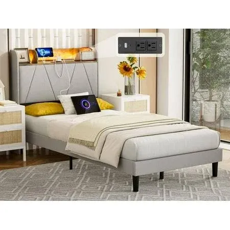 IKIFLY Twin XL Bed Frames with Storage Shelf Headboard & Charging Station, Upholstered Platform Bed with LED Lights, Solid Wood Slats, Noise-Free, No Box Spring Needed, Easy Assembly - Light Grey