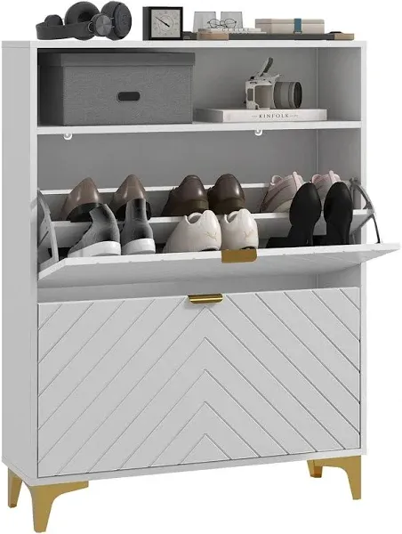 HOMCOM Narrow Shoe Storage Cabinet, Shoe Organizer with 2 Flip Drawers, Slim Shoe Rack with Adjustable Shelves, Open Shelf, Steel Legs and 2 Vents for Entryway, Hallway, White