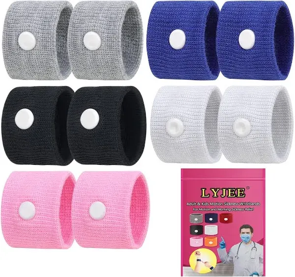 LYJEE 5 Pairs Motion Sickness Bands, Nausea Wristbands for Car Sickness, Relief Wristbans for Mornig Sea Flying Travel