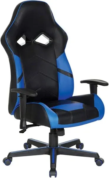 OSP Home Furnishings Vapor Ergonomic Adjustable High Back Faux Leather Gaming Chair with Coil Spring Seat and Integrated Cooling Airflow, Blue Accents