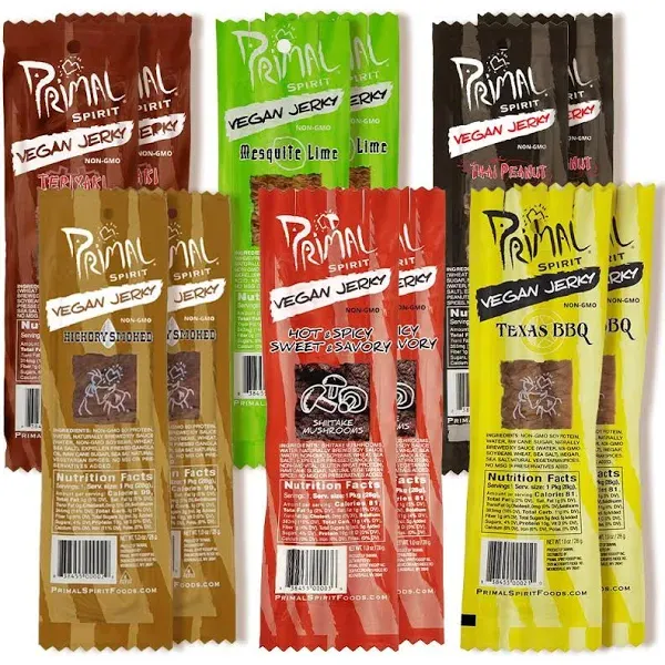 Primal Spirit Vegan Jerky - Sampler Pack, 10g. Plant Based Protein, Certified Non-GMO ("Classics" Thai Peanut, Mesquite Lime, Teriyaki, Hot & Spicy, Hickory Smoked, & Texas BBQ, 24-Pack, 1 oz.)